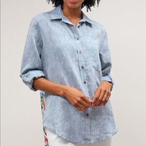 Kyla Sep Chambray and Floral Button Down Shirt Blouse Blue Roll Tab Size M